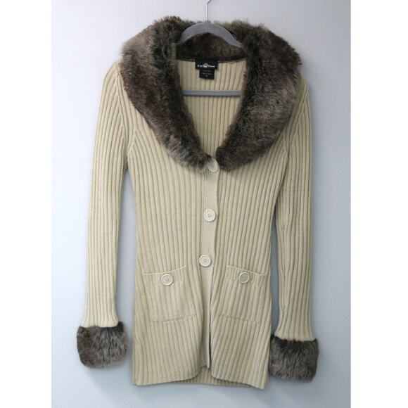 Y2K Cream It's Our Time Ribbed Knit Faux Fur Trimmed Long Button Up Cardigan M - Picture 1 of 9